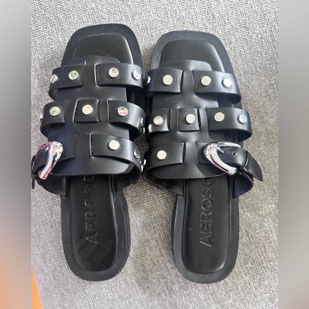 AEROSOLES Black Studded Double-Strap Slide Sandals